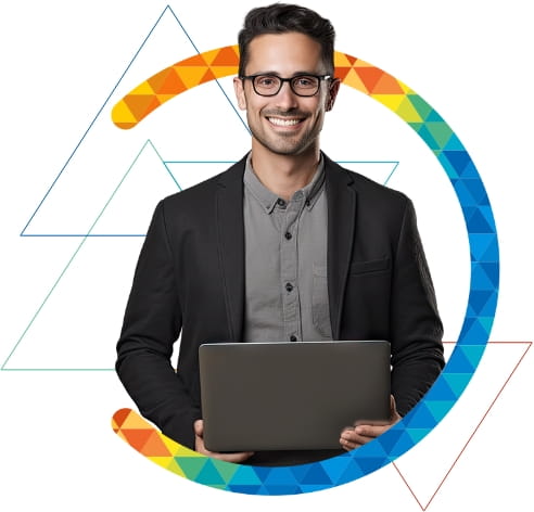 Imagem de um homem segurando um notebook e sorrindo, com a logotipo da Imobiliária Veneza ao fundo